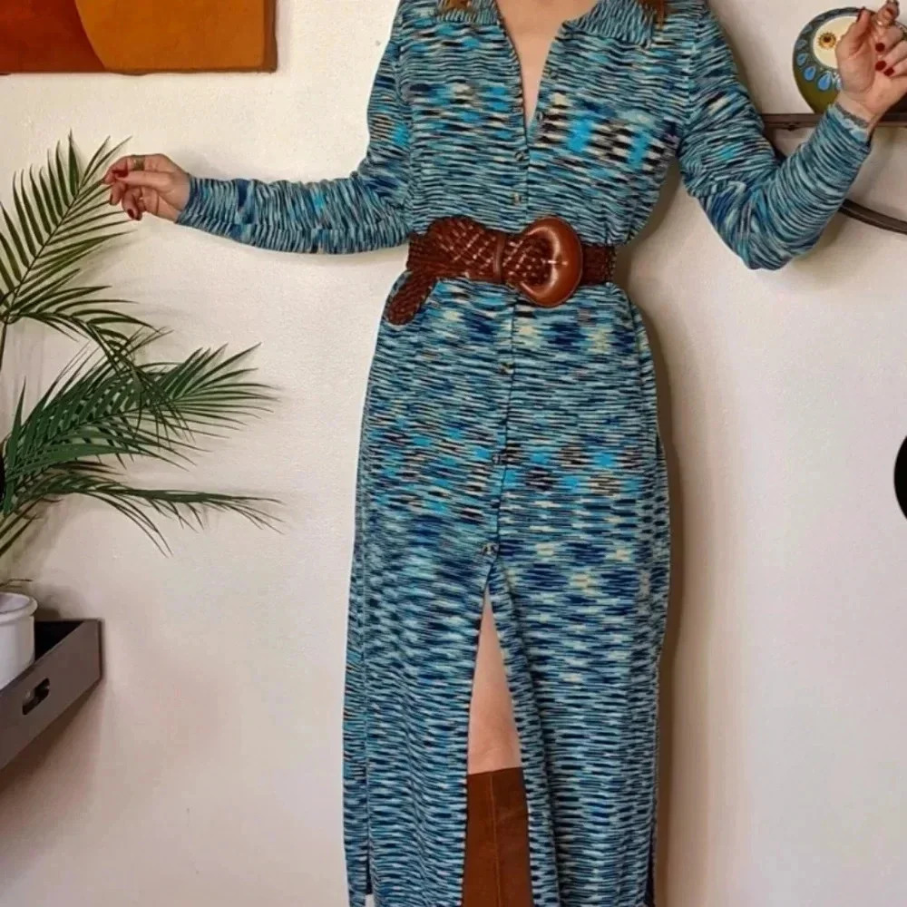 Band Of Gypsies Long Temo Cardigan Blue/Beige Slit Side Button Up SIZE S WOMEN'S - Picture 5 of 16